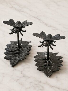 VTG Cast Iron Dragonfly Wall Hooks (2) Leaf Wall Decor Rustic Black Metal India